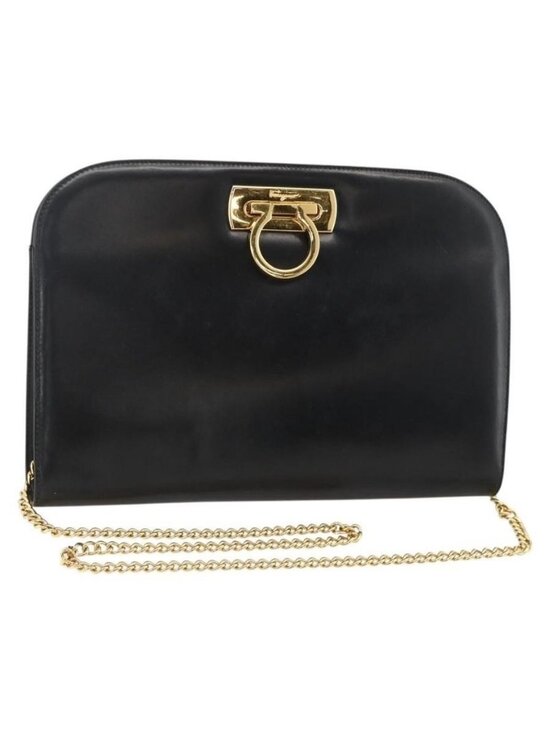Salvatore Ferragamo Handbags - Authentic Salvatore Ferragamo Gancini Chain Shoulder Bag Leather Black Gold